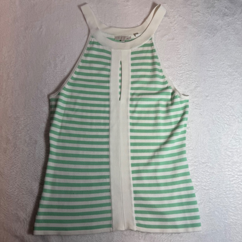 Yuka Green White Striped Halter Top Keyhole Ribbed Knit Sleeveless Tank T1